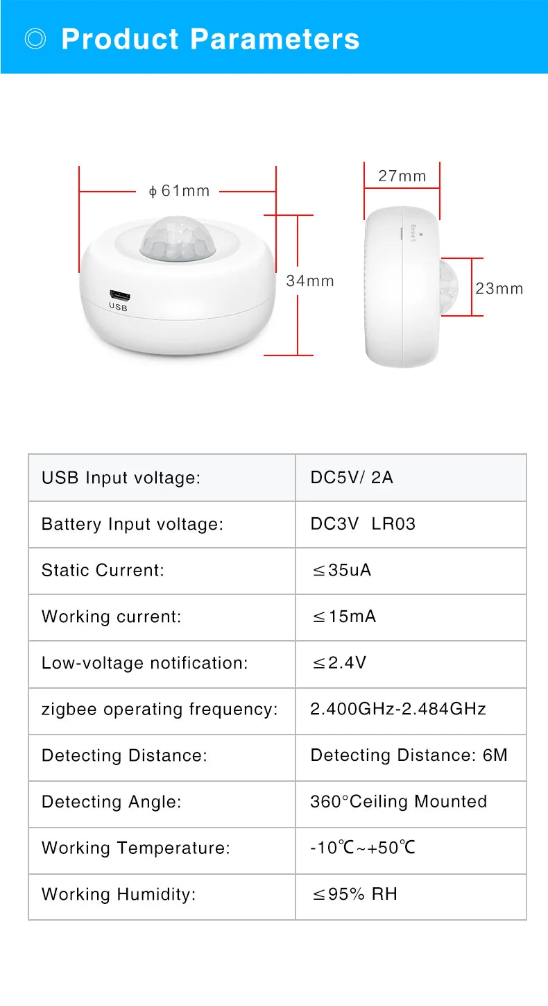 Zigbee PIR Motion Sensor Detector Movement Sensor Ewelink APP Wireless Home Automation System Work with Alexa