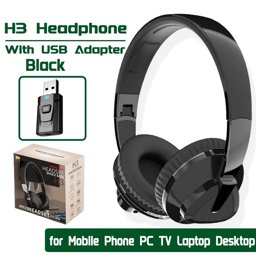 H7/H3 Tv Bluetooth Headphone Wireless Headset with Mic USB Adaptor Headset Noise Cancelling Stereo Foldable Bass for TV Earphone